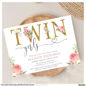 Twin girls blush pink gold floral baby shower invitation