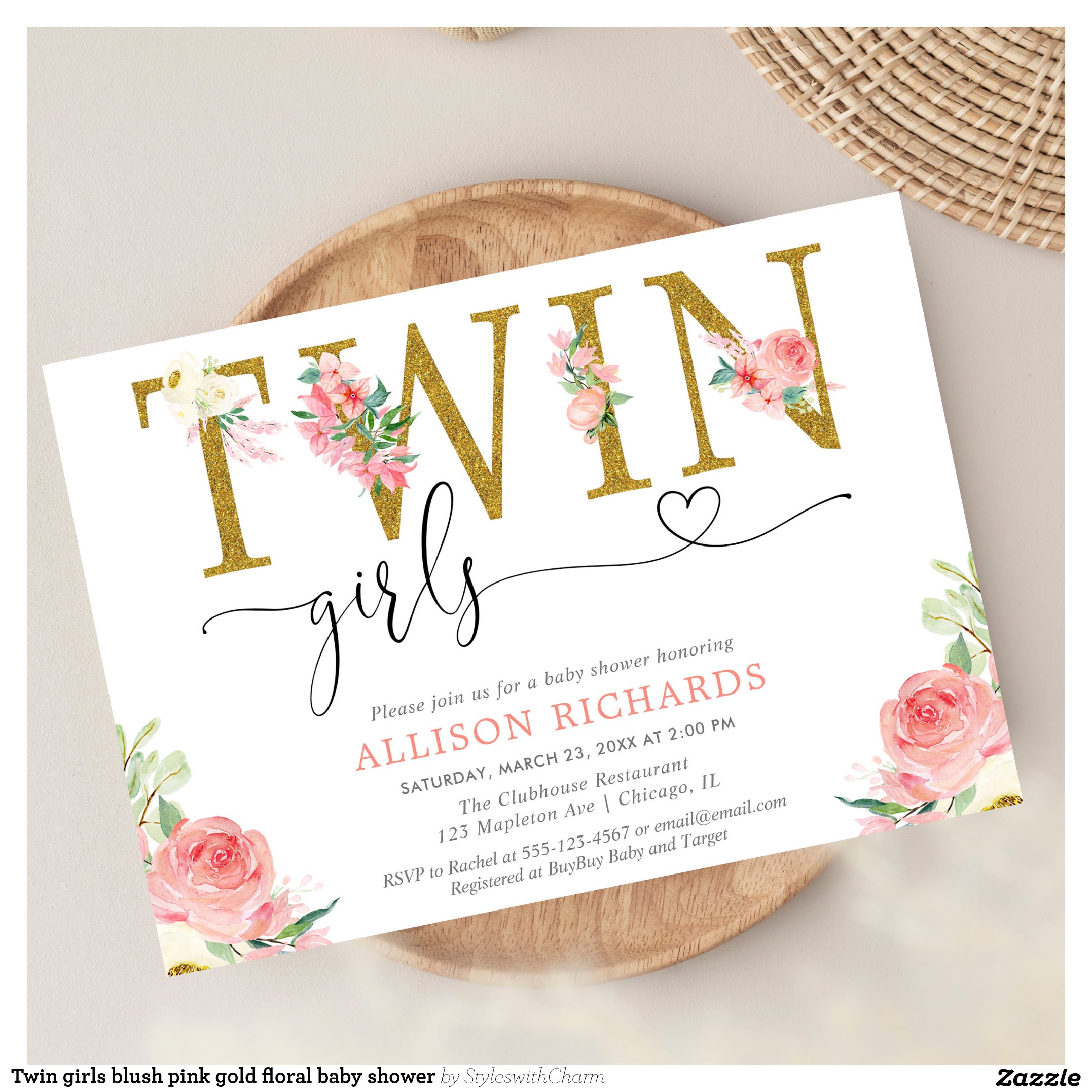 Twin girls blush pink gold floral baby shower invitation