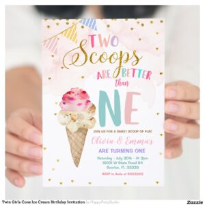 Twin Girls Cone Ice Cream Birthday Invitation