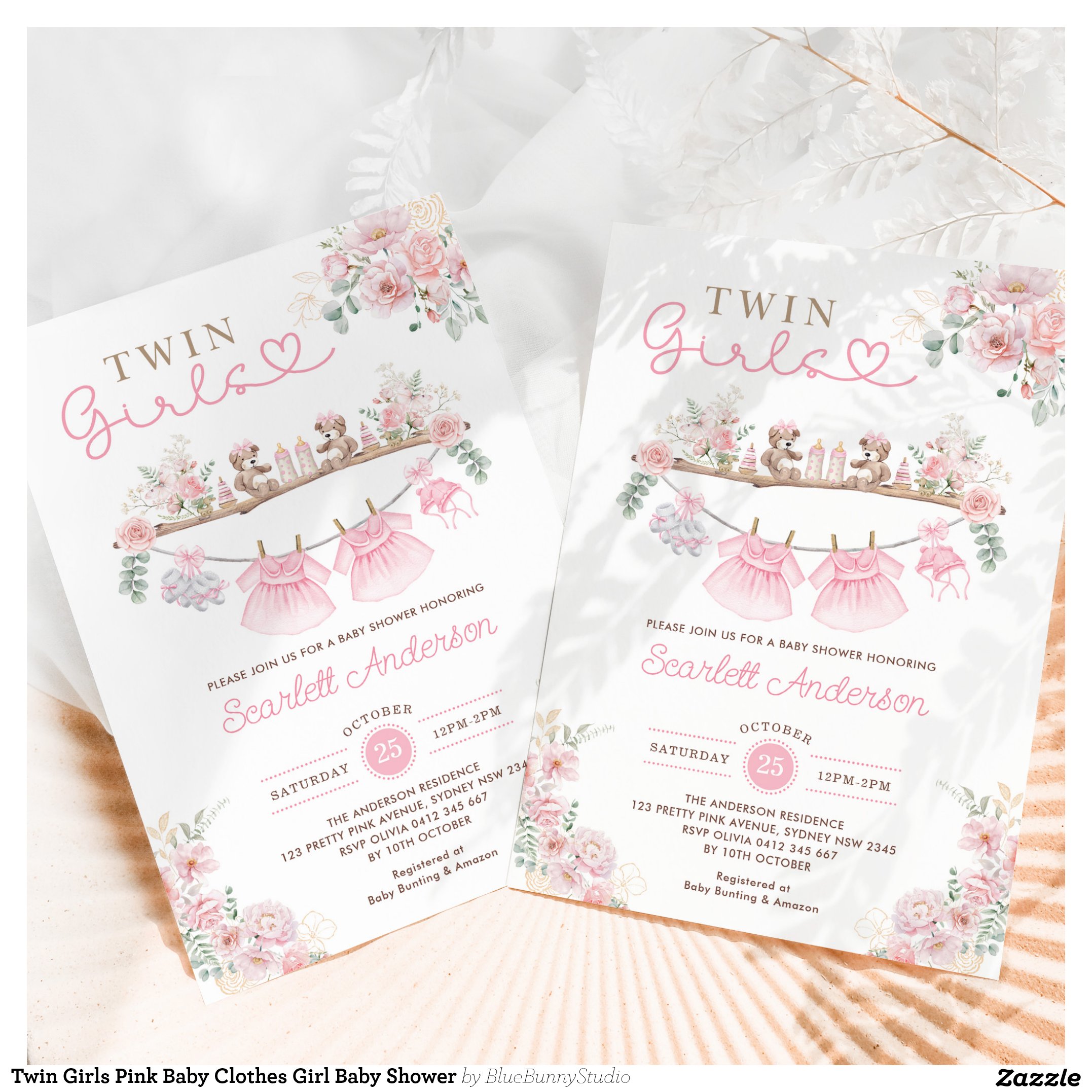 Twin Girls Pink Baby Clothes Girl Baby Shower Invitation