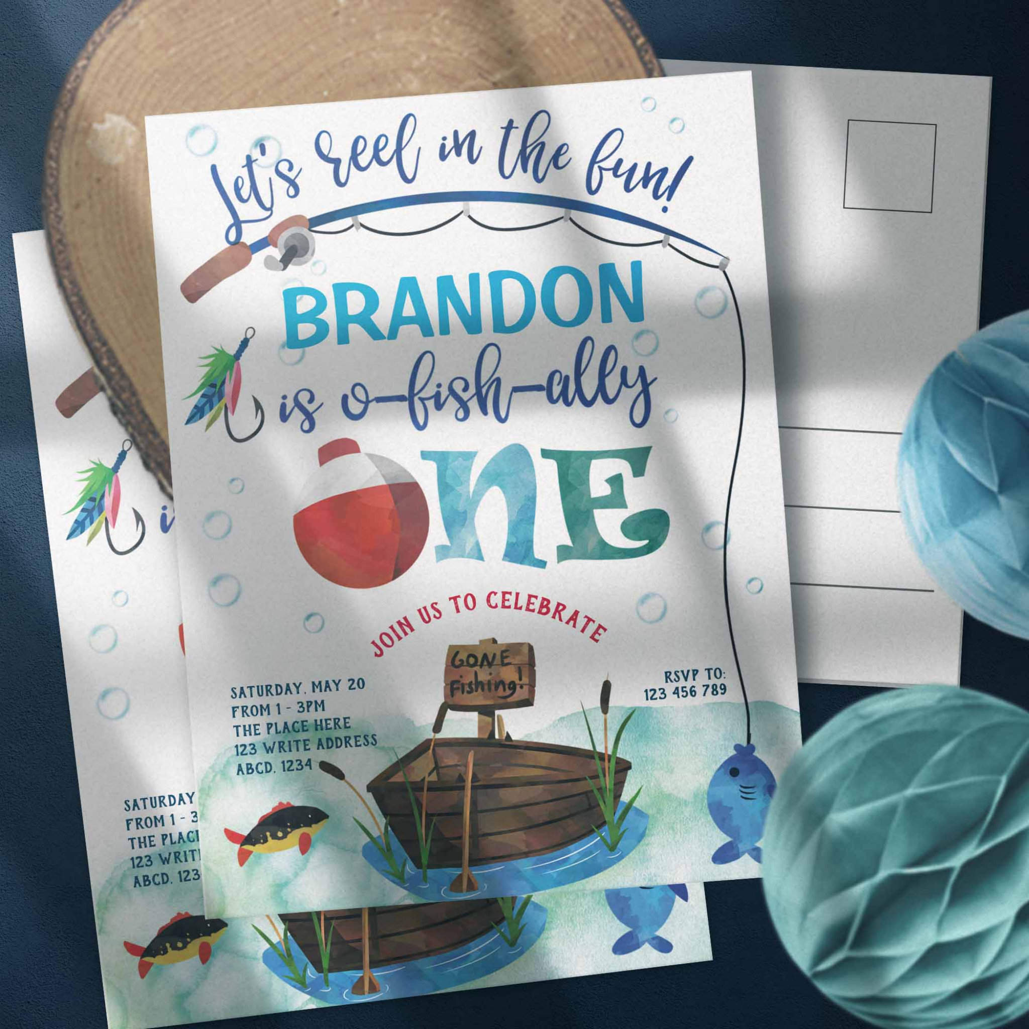 Twins 1st birthday O-fish-Ally, Little Fisherman Invitation Postcard