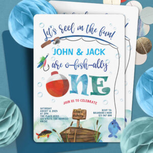 Twins Fishing themed boys 1st birthday O-fish-ally Invitation