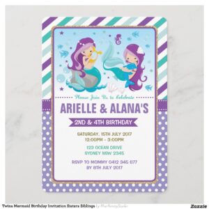Twins Mermaid Birthday Invitation Sisters Siblings