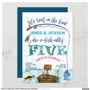Twins O-fish-ally Little Fisherman 5th birthday Invitation