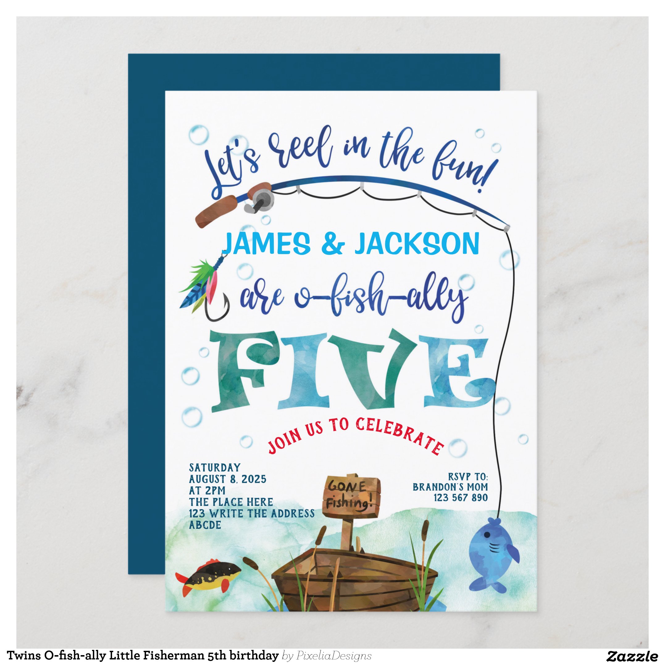 Twins O-fish-ally Little Fisherman 5th birthday Invitation