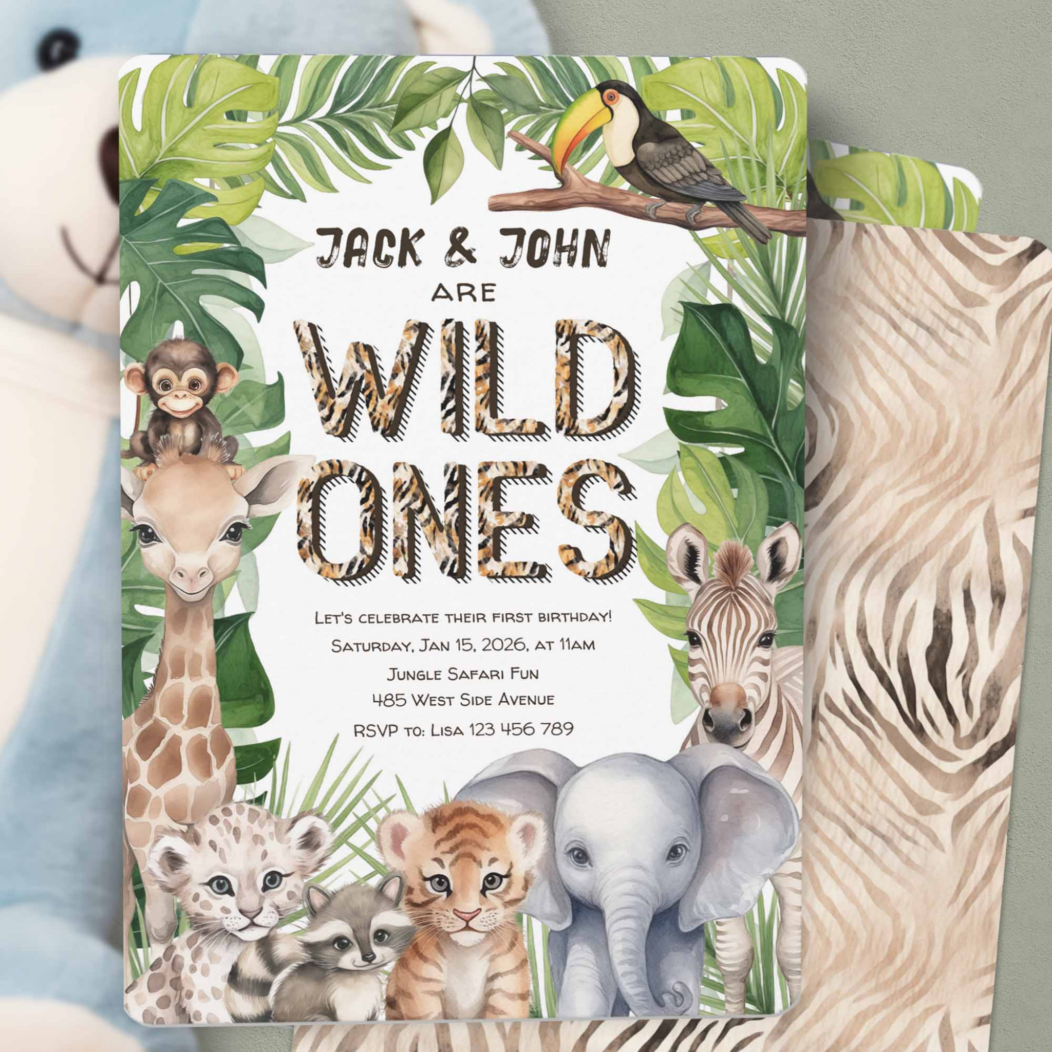 Twins Safari boy 1st birthday, Jungle Wild One Invitation