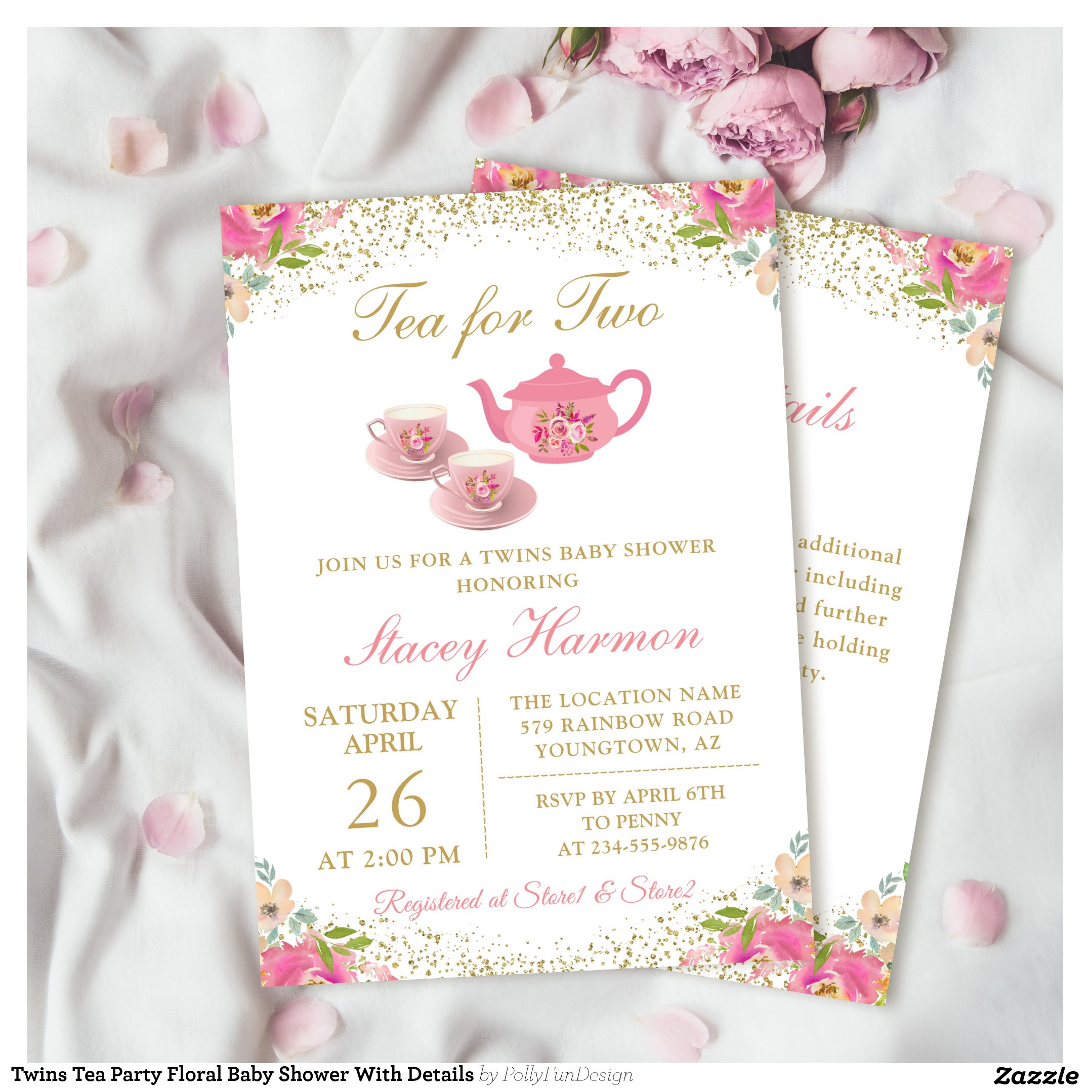 Twins Tea Party Floral Baby Shower With Details Invitation