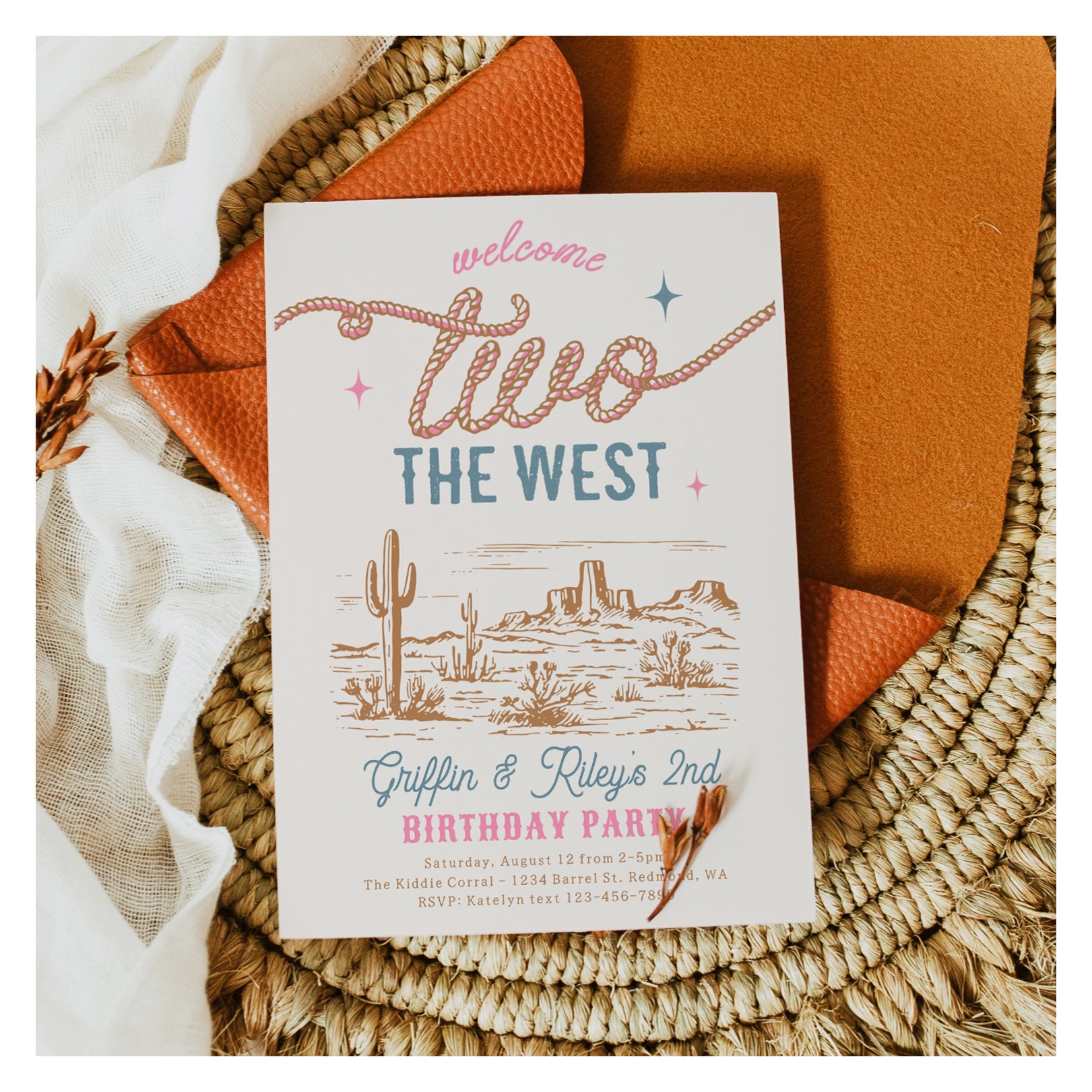 Twins Western 2nd Birthday Invitation