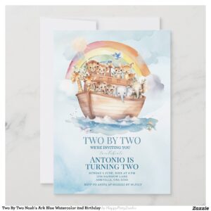 Two By Two Noah's Ark Blue Watercolor 2nd Birthday Invitation