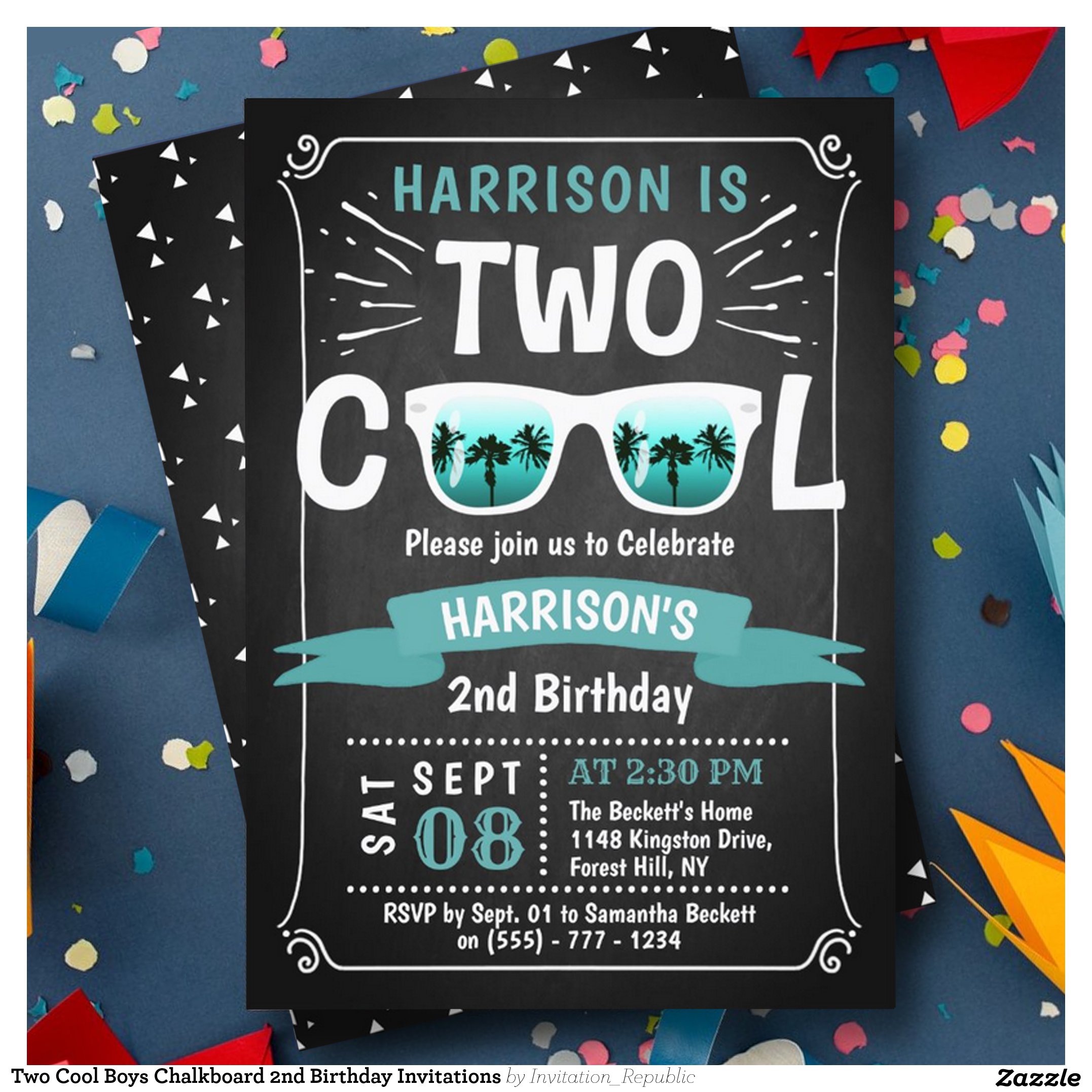 Two Cool Boys Chalkboard 2nd Birthday Invitations