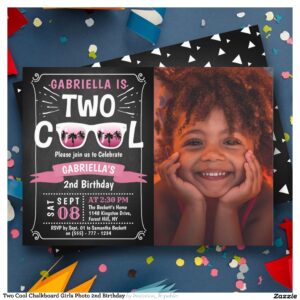 Two Cool Chalkboard Girls Photo 2nd Birthday Invitation
