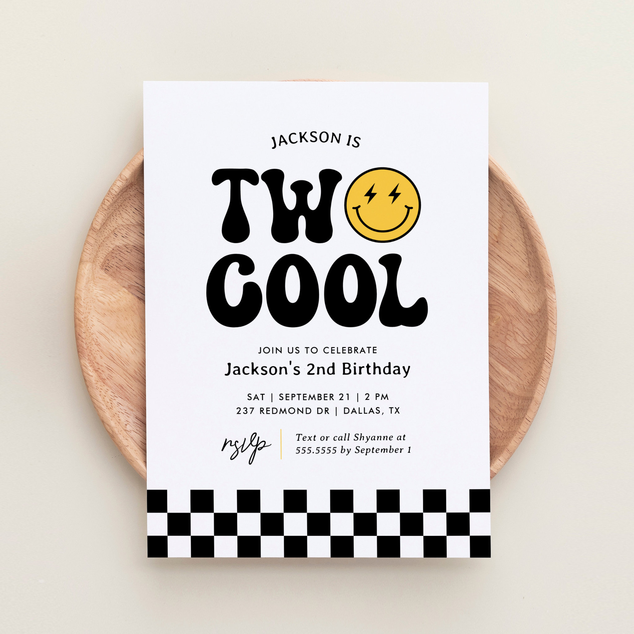 Two Cool Checker Happy Face 2nd Birthday Invitation