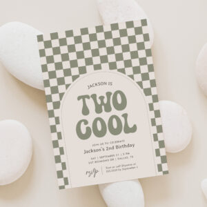 Two Cool Green Retro Checker 2nd Birthday Invitation