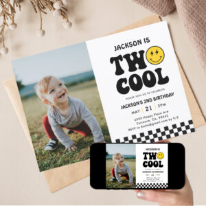 Two Cool Retro Boy 2nd Birthday Photo Invitation