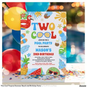 Two Cool Tropical Summer Beach 2nd Birthday Party Invitation