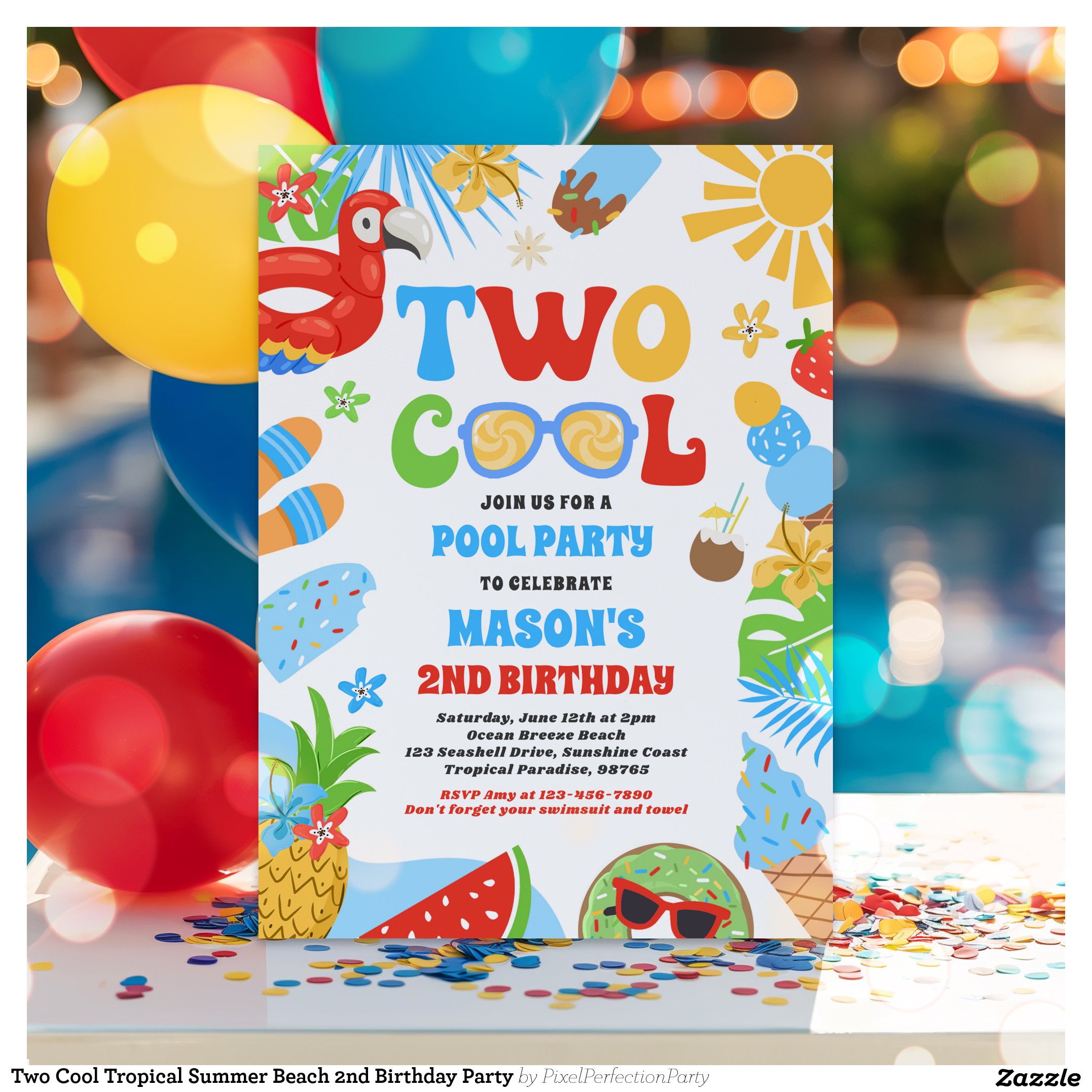 Two Cool Tropical Summer Beach 2nd Birthday Party Invitation