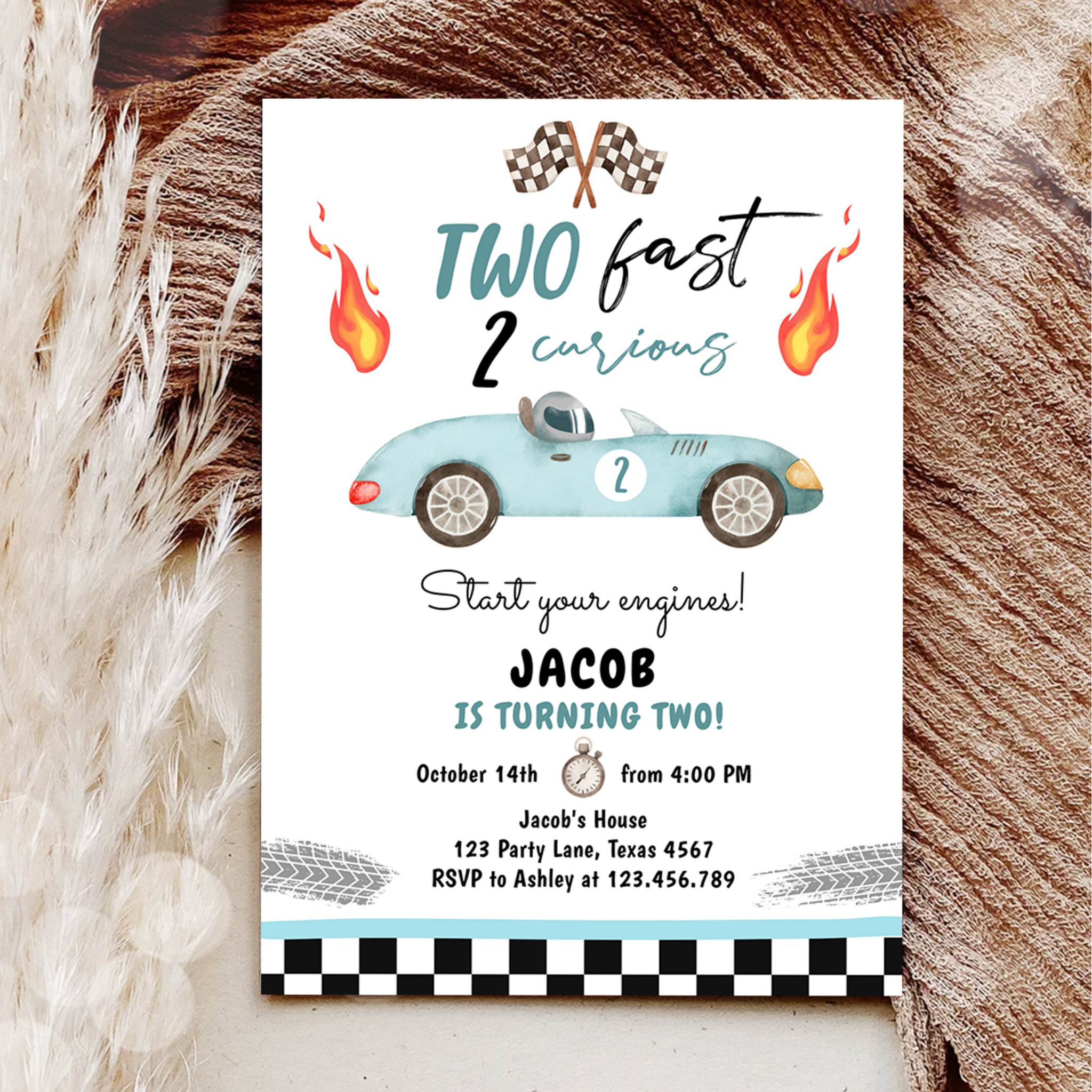 Two Fast 2 Curious Party Race Car 2nd Birthday Invitation