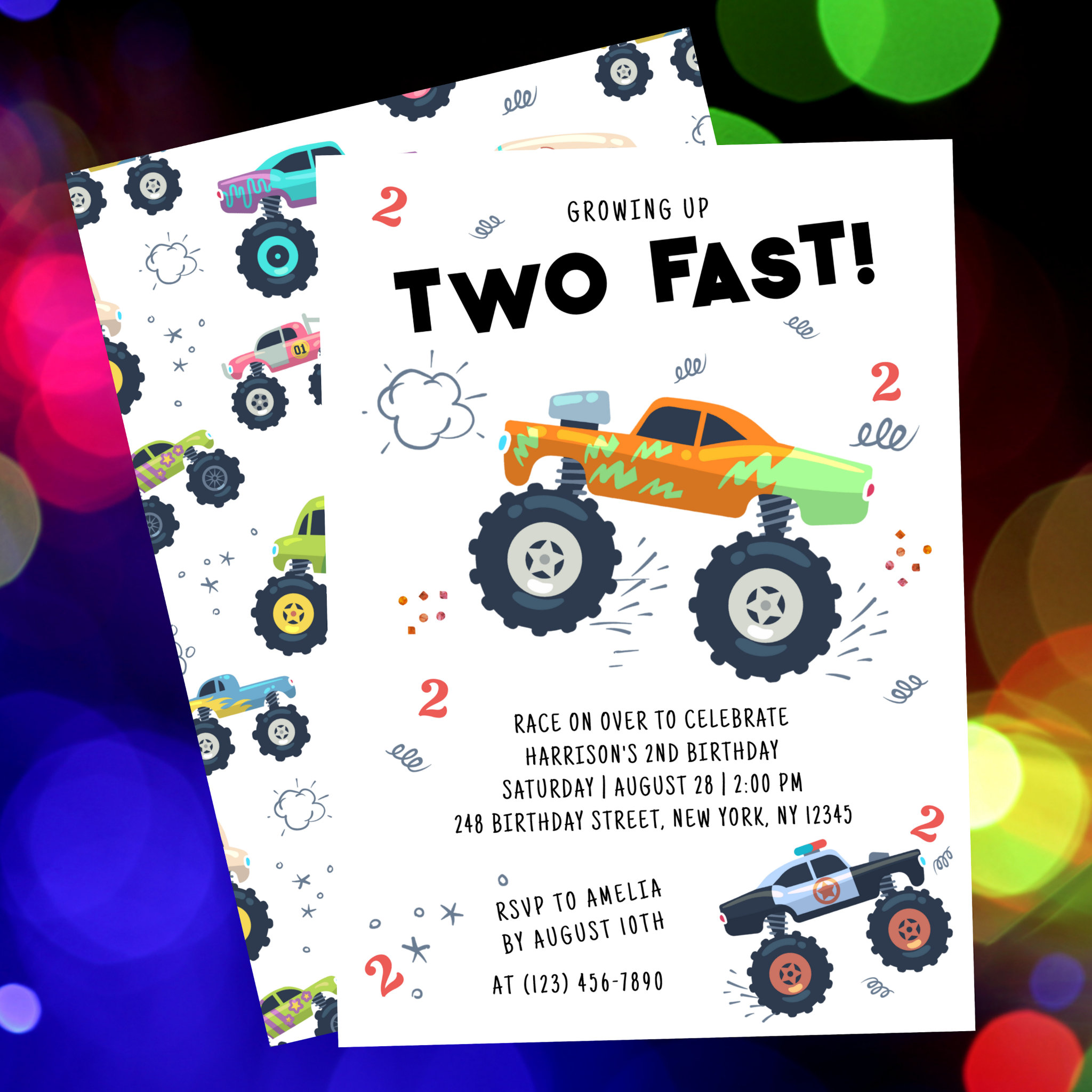 Two Fast 2nd Birthday Kids Monster Car Trucks Invitation