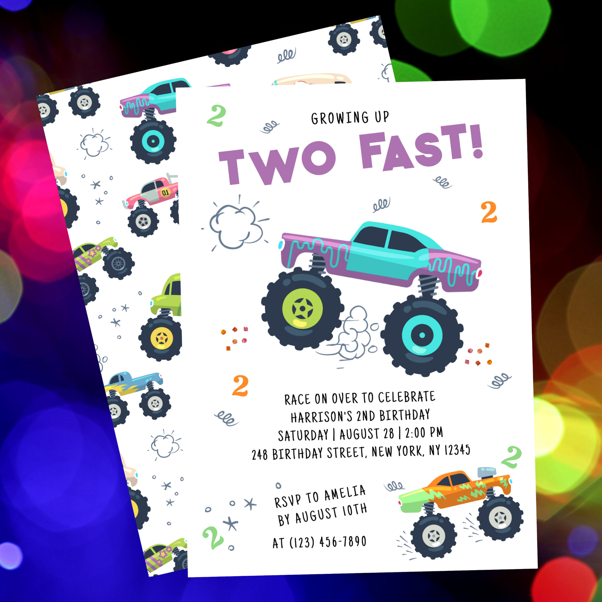 Two Fast 2nd Birthday Kids Monster Car Trucks Invitation