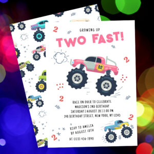 Two Fast 2nd Birthday Kids Monster Car Trucks Invitation