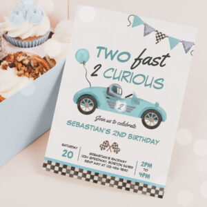 Two Fast Blue Race Car 2nd Birthday Invitation