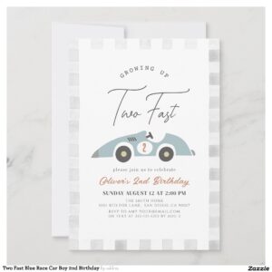 Two Fast Blue Race Car Boy 2nd Birthday Invitation