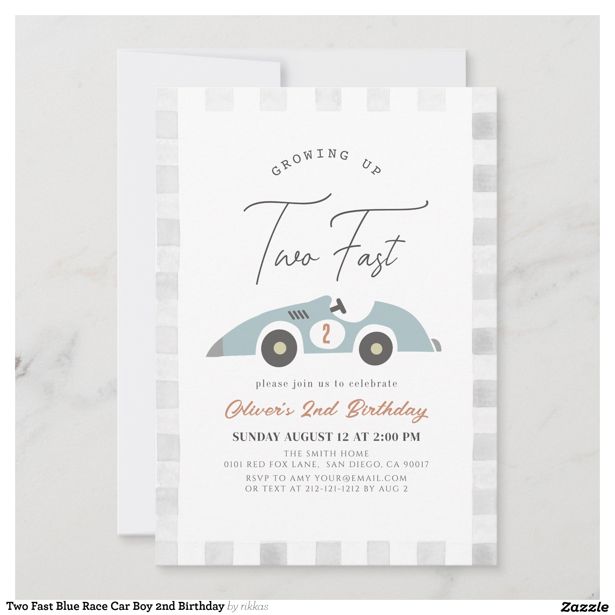 Two Fast Blue Race Car Boy 2nd Birthday Invitation