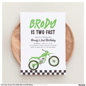 Two Fast Green Dirt Bike Boy 2nd Birthday Invitation