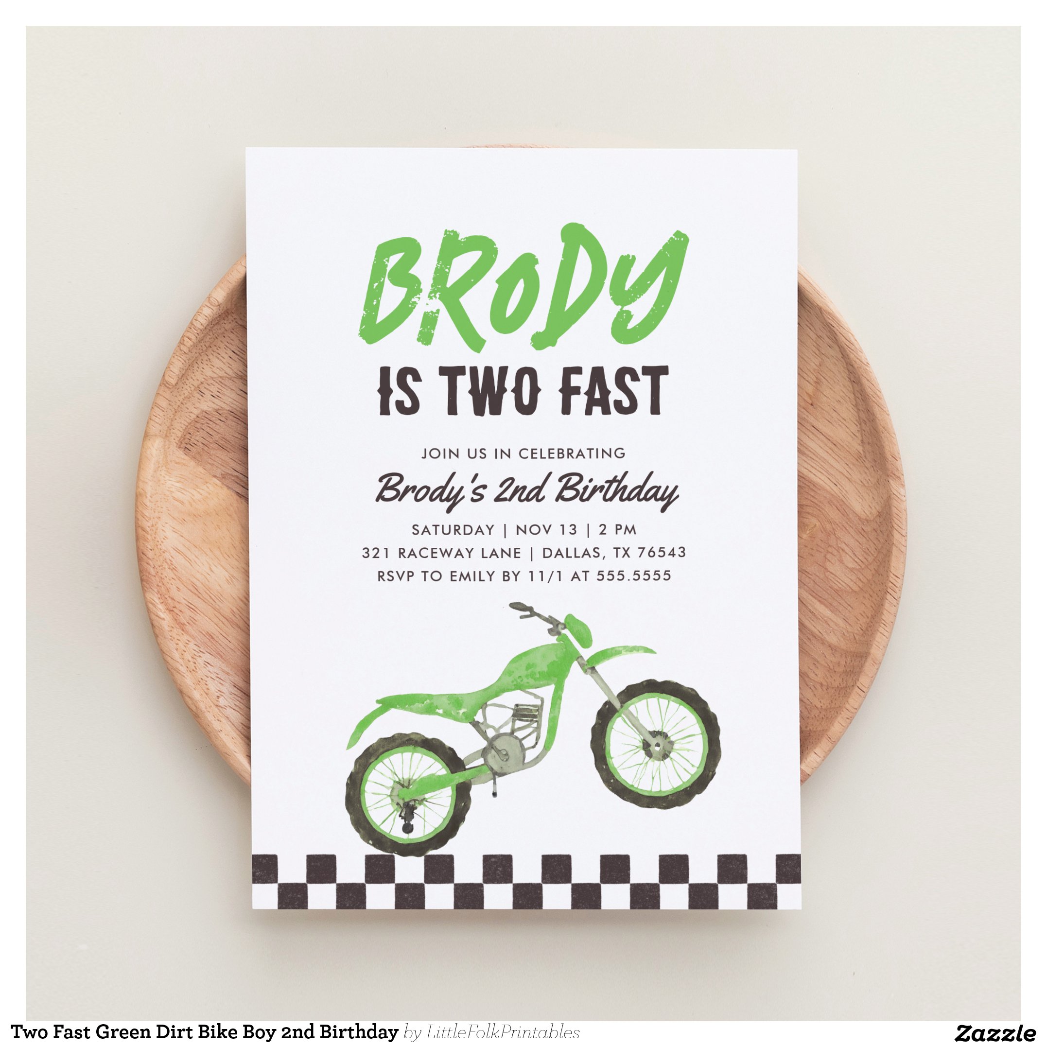 Two Fast Green Dirt Bike Boy 2nd Birthday Invitation