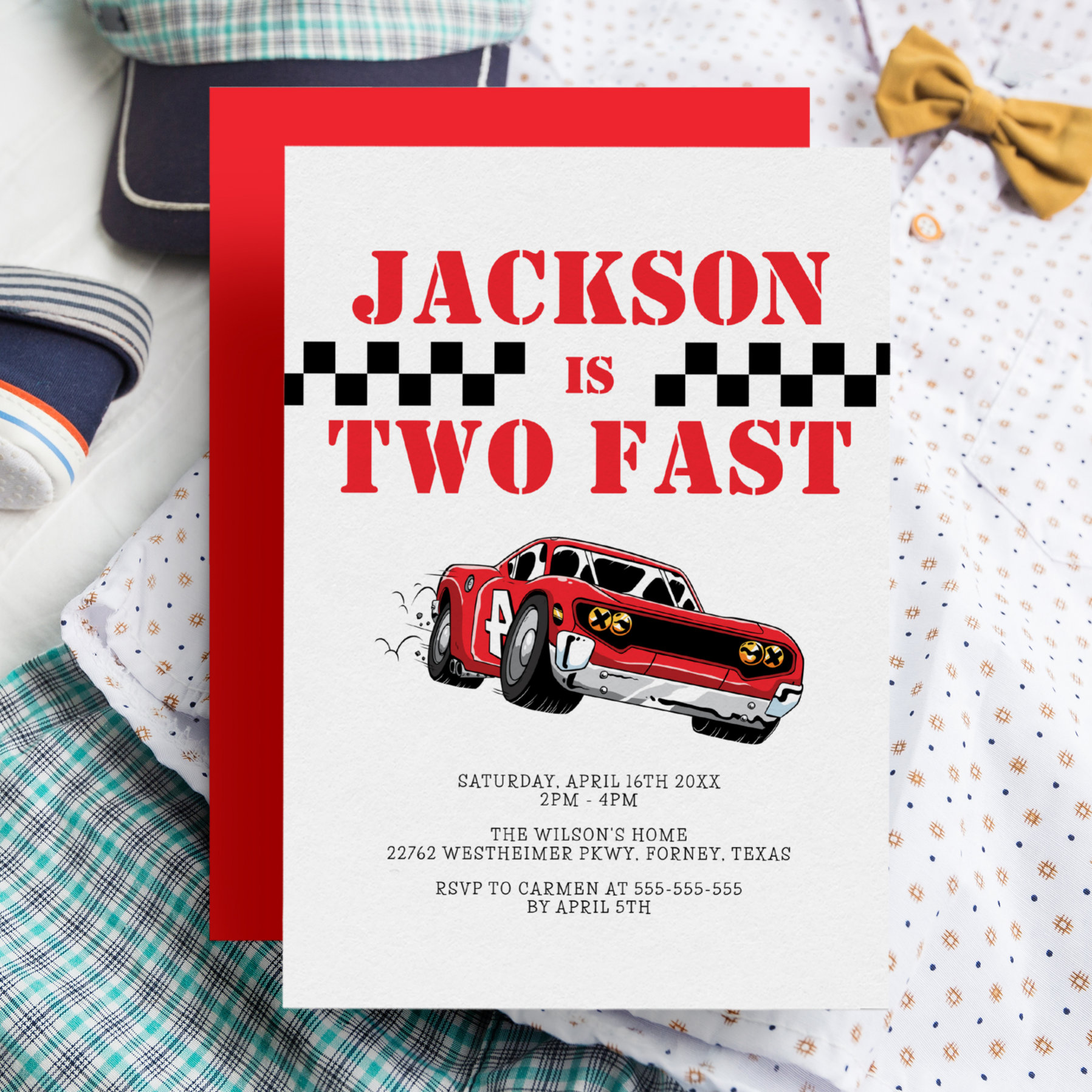 Two Fast Modern Red Race Car Boy 2nd Birthday Invitation