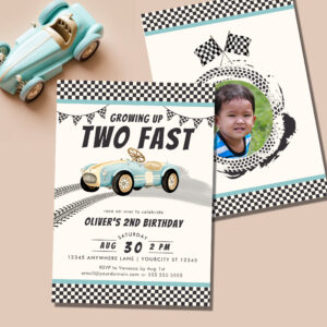 Two Fast Race Car Boy 2nd Birthday Party Invitation