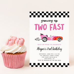 Two Fast Race Car Girl 2nd Birthday Party Invitation
