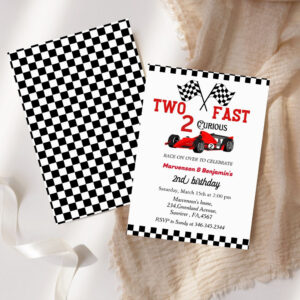 Two fast race car twin boys 2nd birthday party invitation