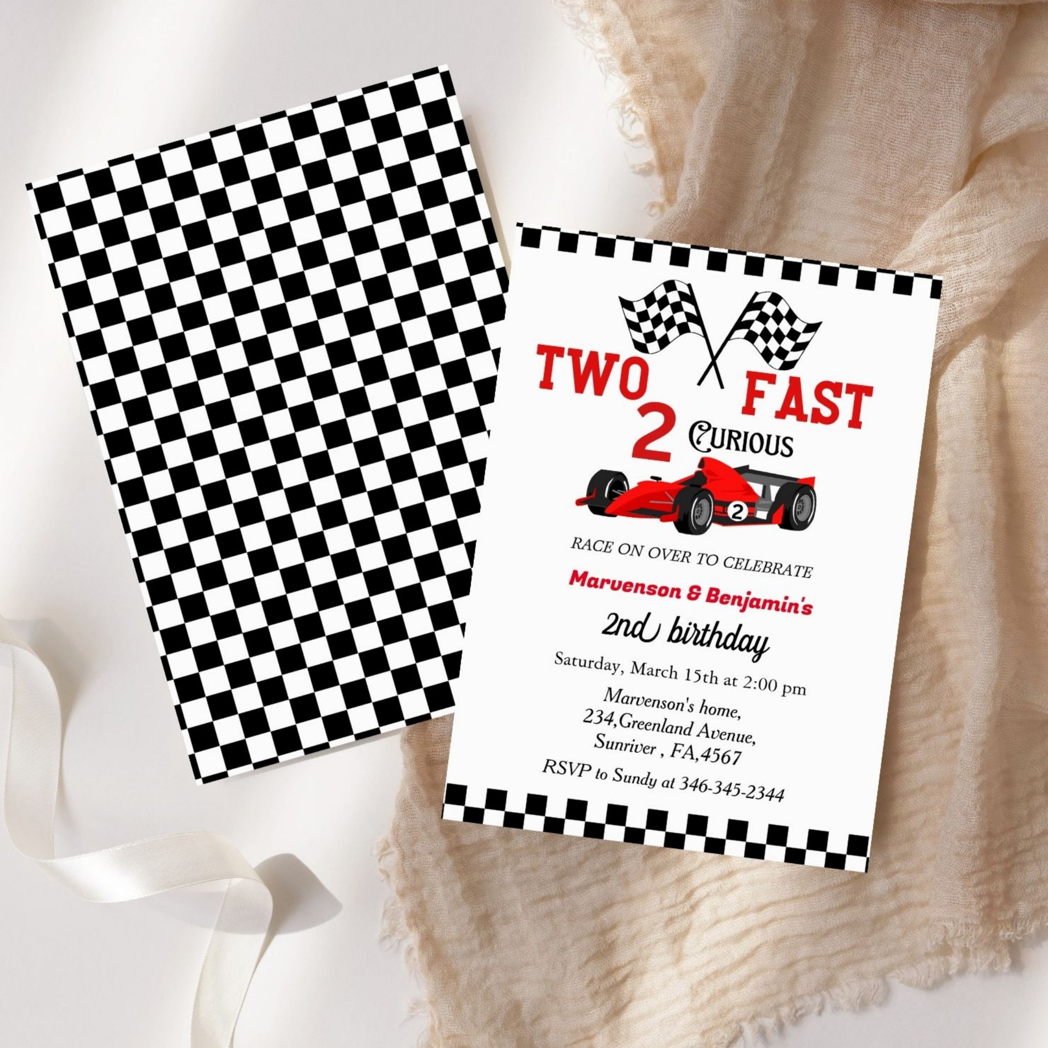 Two fast race car twin boys 2nd birthday party invitation