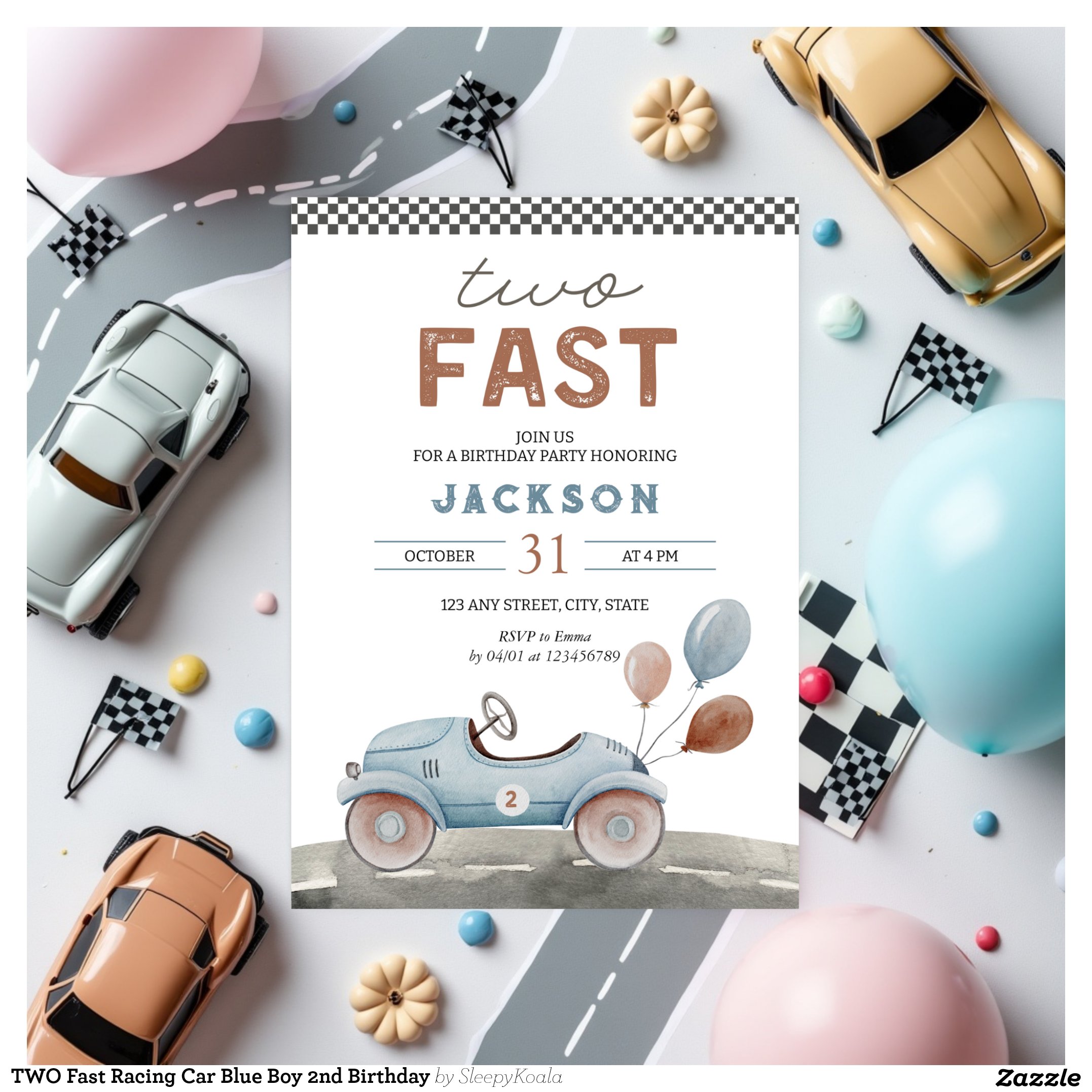 TWO Fast Racing Car Blue Boy 2nd Birthday Invitation