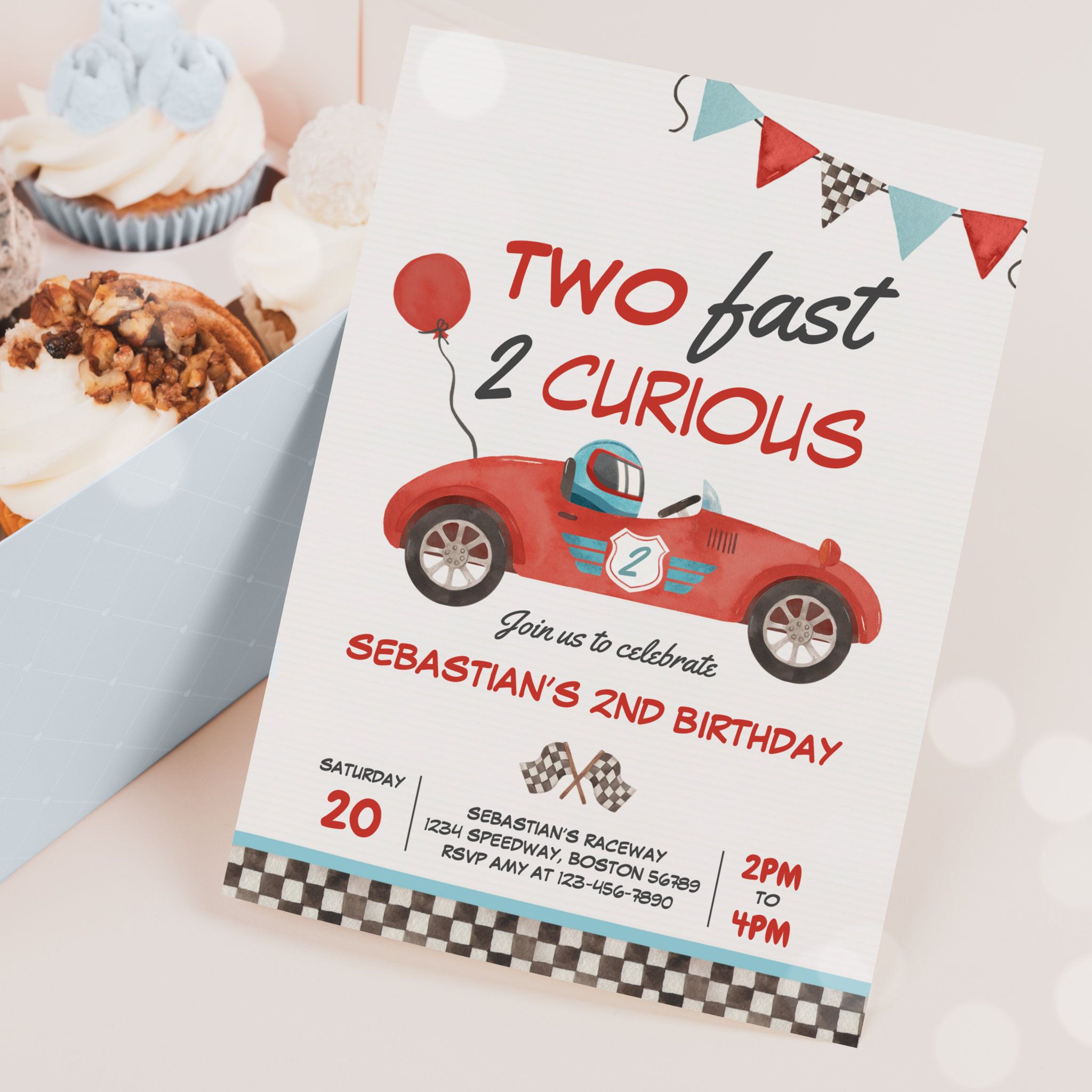 Two Fast Red Race Car 2nd Birthday Party Invitation