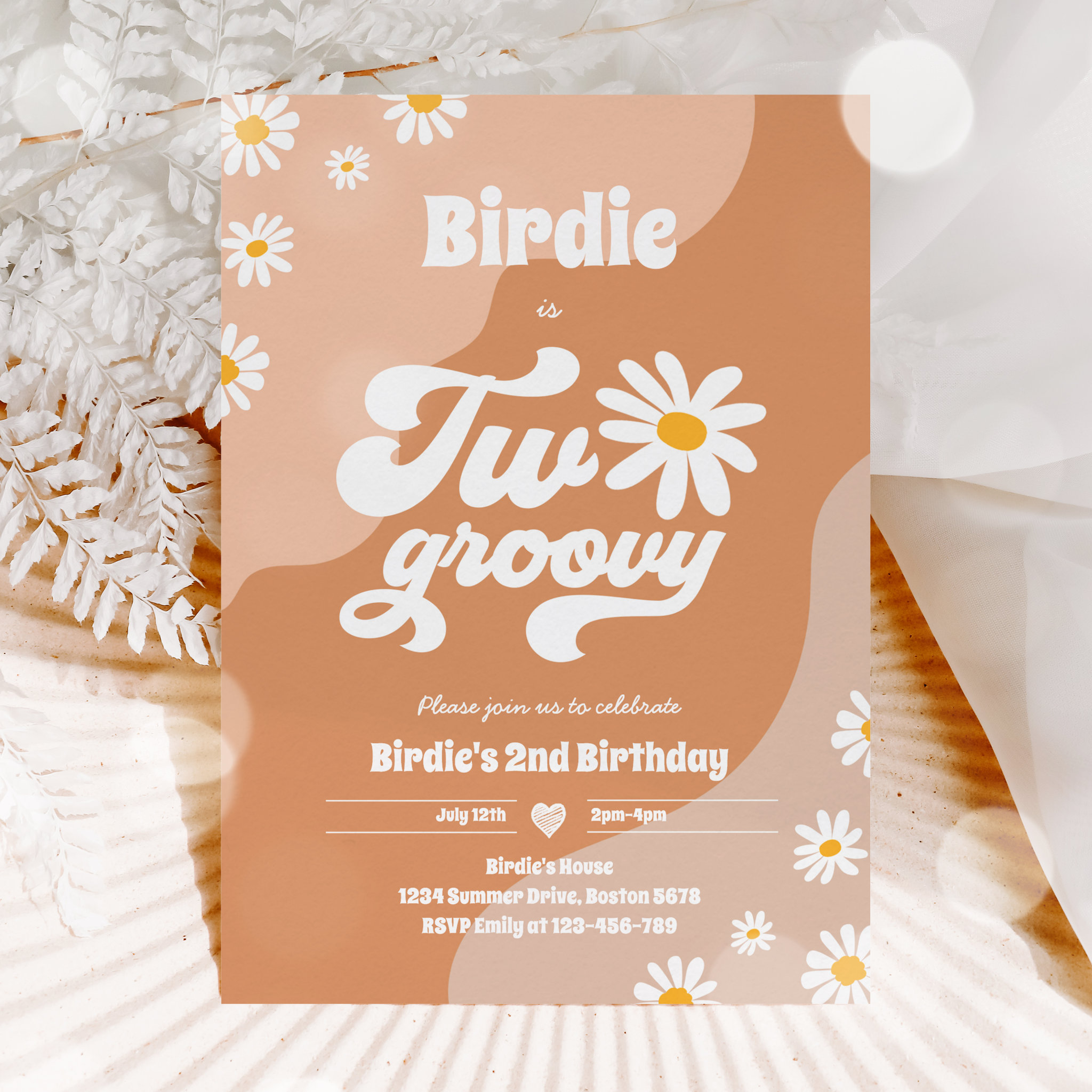 Two Groovy 2nd Birthday Party Boho Retro Daisy Invitation