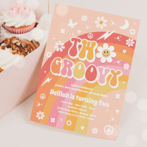 Two Groovy 2nd Birthday Peace Love Party Rainbow Invitation