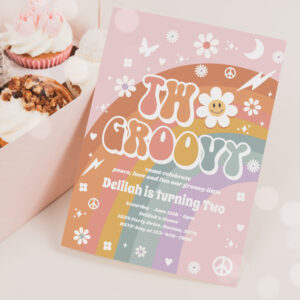 Two Groovy 2nd Birthday Peace Love Party Rainbow Invitation