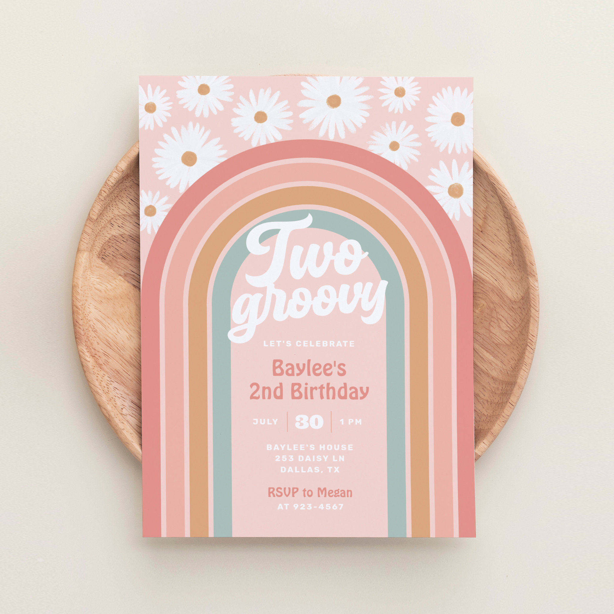Two Groovy Boho Retro Daisy 2nd Birthday Party Invitation