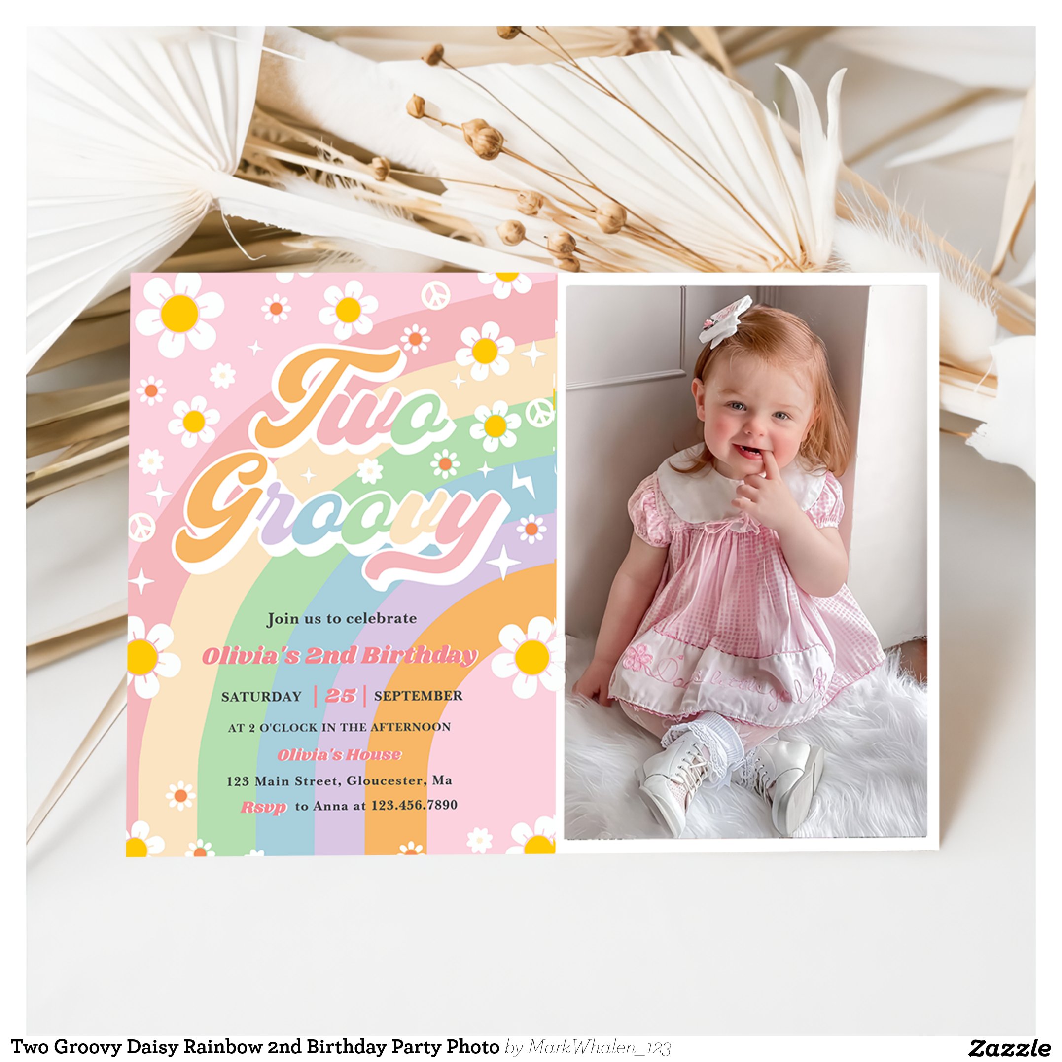 Two Groovy Daisy Rainbow 2nd Birthday Party Photo Invitation