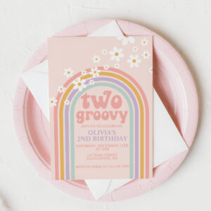 Two Groovy Pastel rainbow 2ND birthday Invitation