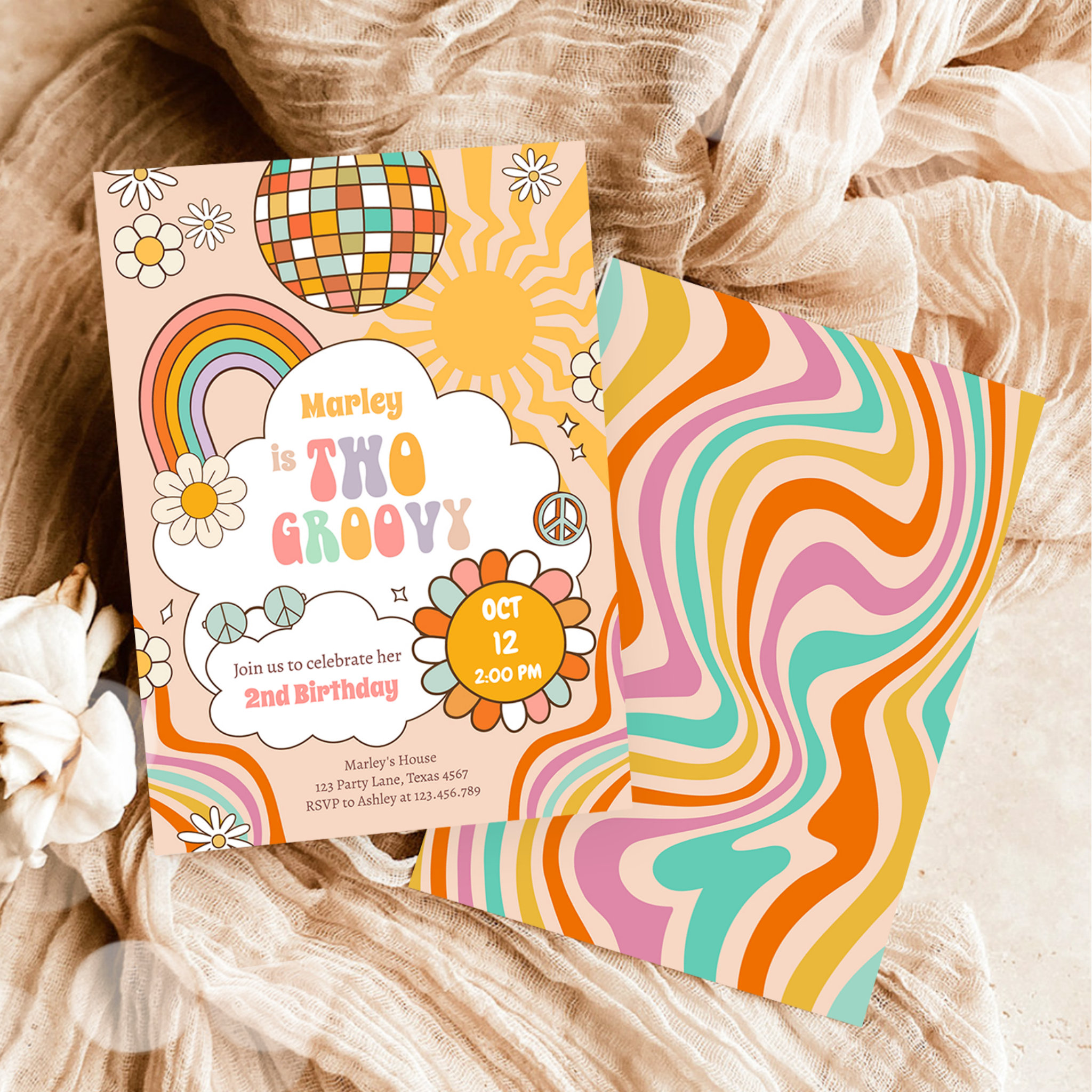 Two Groovy Retro 70s Rainbow Girl 2nd Birthday Invitation