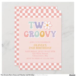 Two Groovy Retro Daisy and Checker 2nd Birthday Invitation