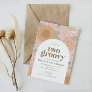 Two Groovy Retro Floral 2nd Birthday Invitation
