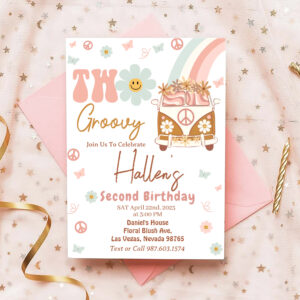 Two Groovy Retro Floral Rainbow 2nd Birthday Invitation