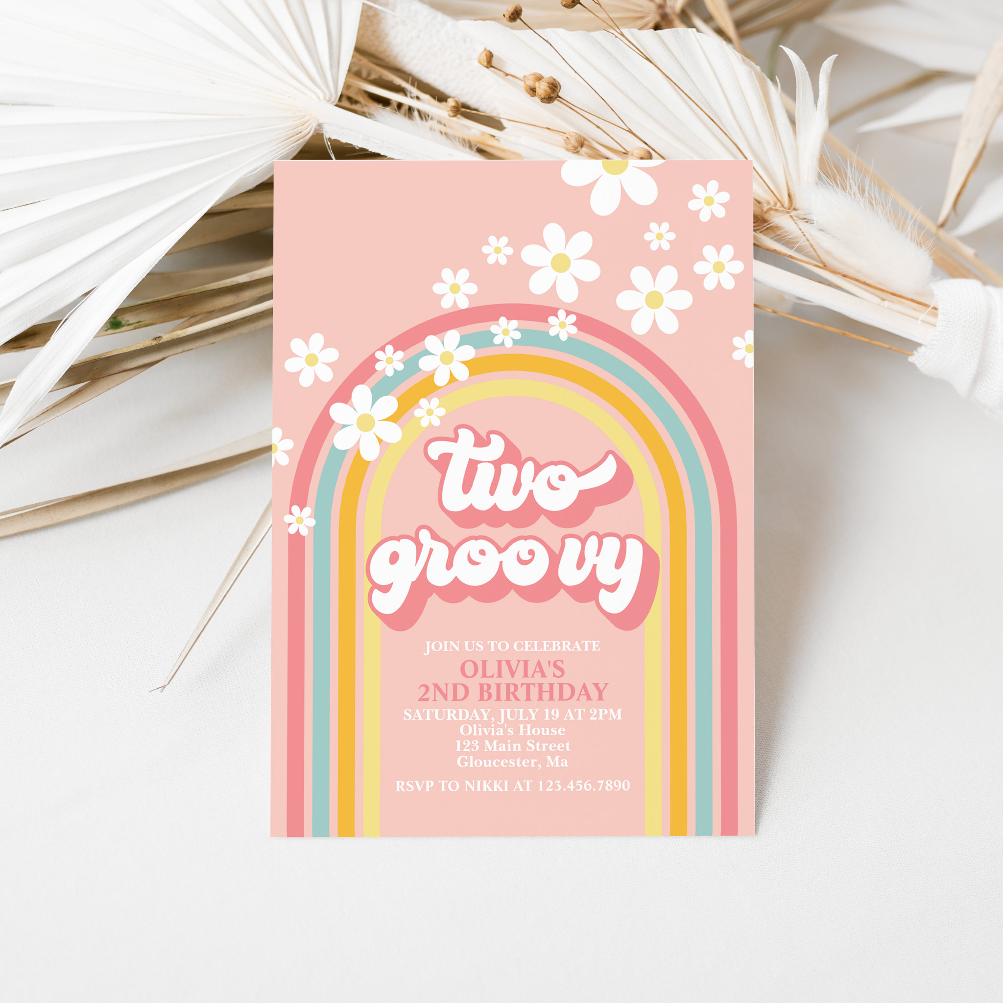 Two Groovy Retro Rainbow 2nd Birthday Invitation