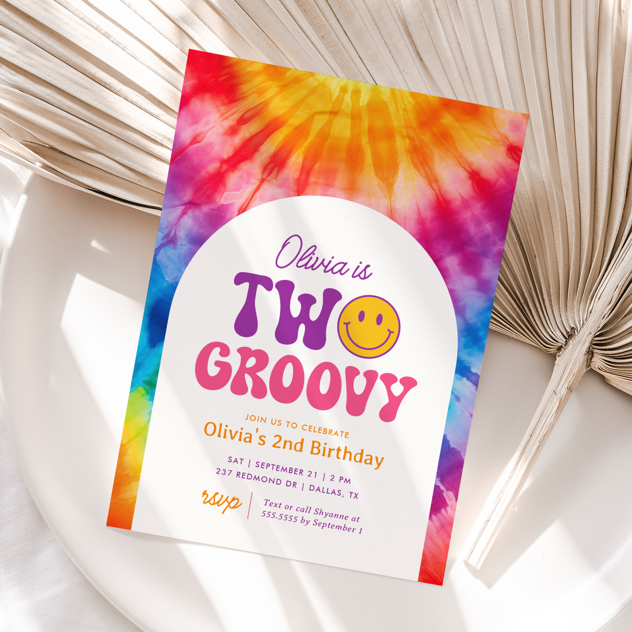 Two Groovy Retro Tie Dye 2nd Birthday Invitation