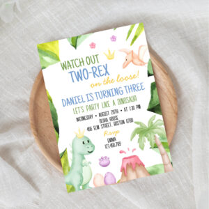 Two Rex Boy dinosaur 2nd birthday invitation