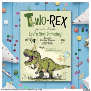 Two-Rex Cute Dinosaur Cartoon 2nd Birthday Party Invitation